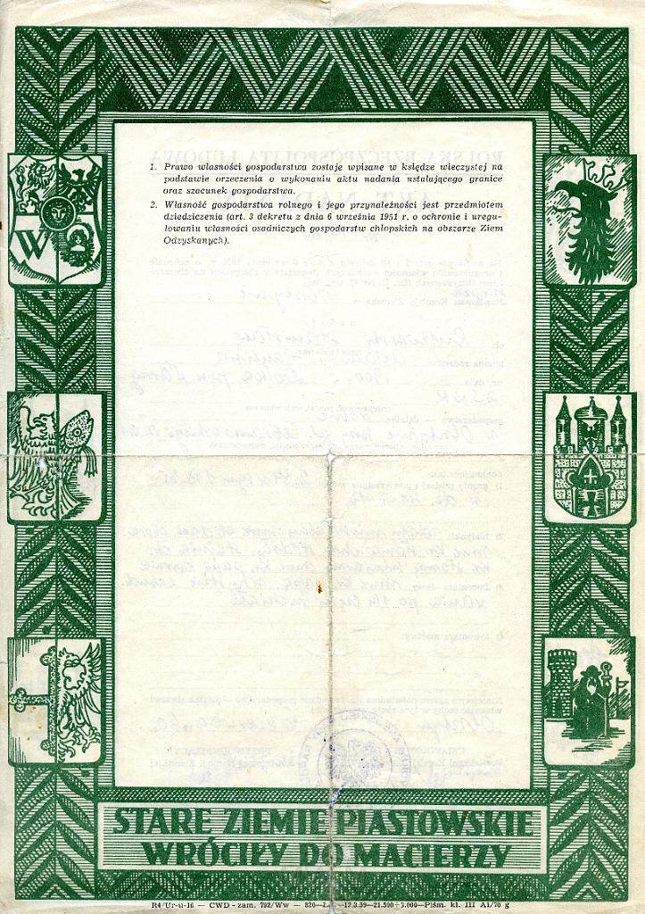 KKE 3512-a.jpg - Akt nadania ziemi, Rutkowskiemu Stanisławowi, Olsztyn 6 czerwca 1960 r.